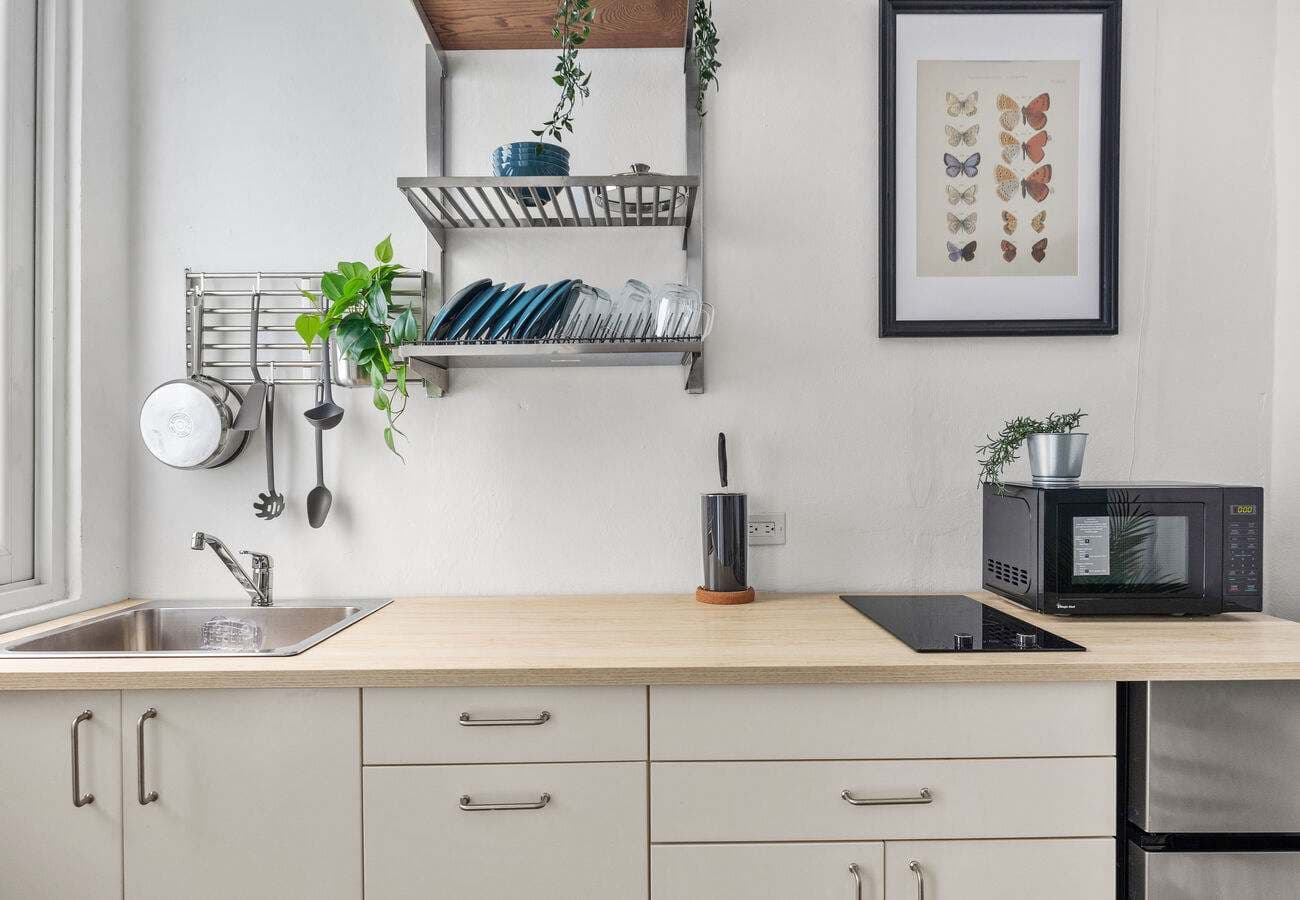 Kitchenette with induction cooktop, fridge & microwave